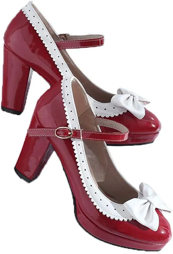 HILIB Woman's High Heel Lolita Shoes Cute Bowknot Mary Jane Shoes