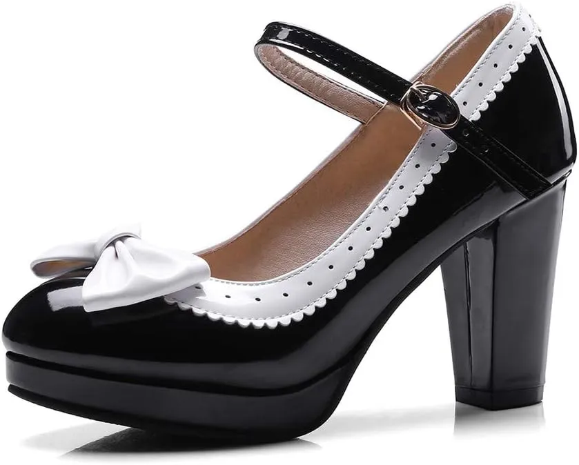 HILIB Woman's High Heel Lolita Shoes Cute Bowknot Mary Jane Shoes