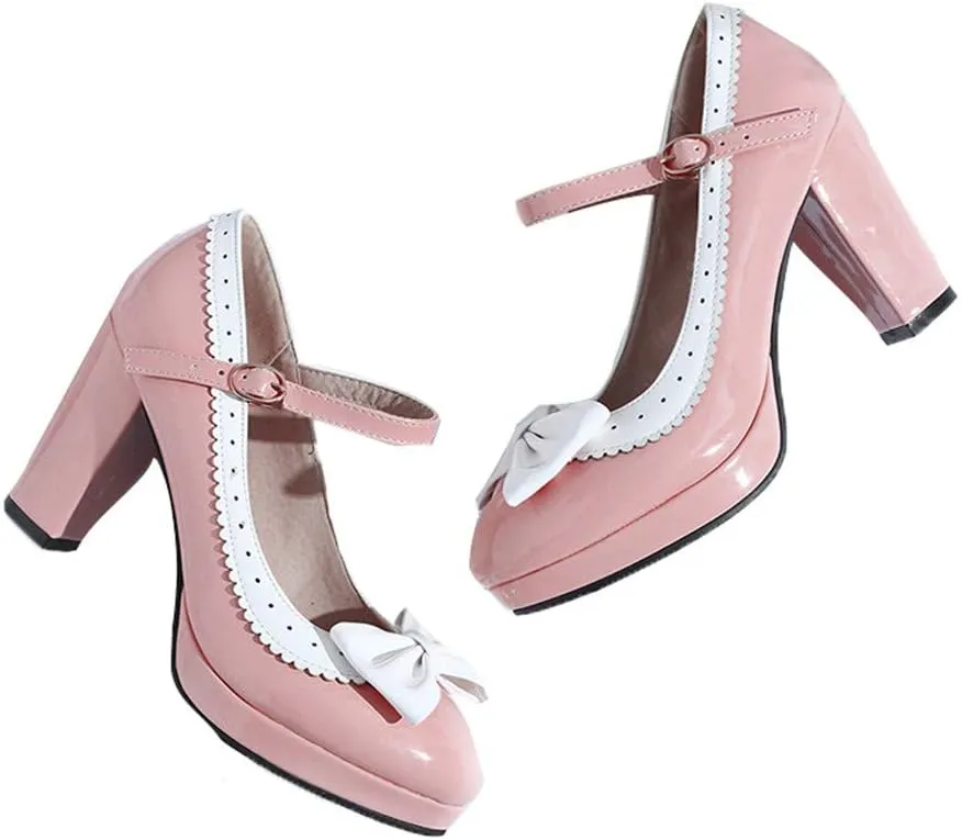 HILIB Woman's High Heel Lolita Shoes Cute Bowknot Mary Jane Shoes