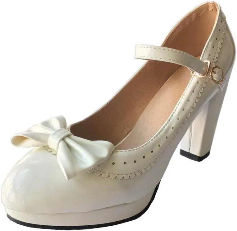 HILIB Woman's High Heel Lolita Shoes Cute Bowknot Mary Jane Shoes