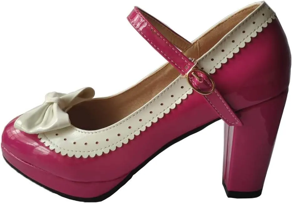 HILIB Woman's High Heel Lolita Shoes Cute Bowknot Mary Jane Shoes