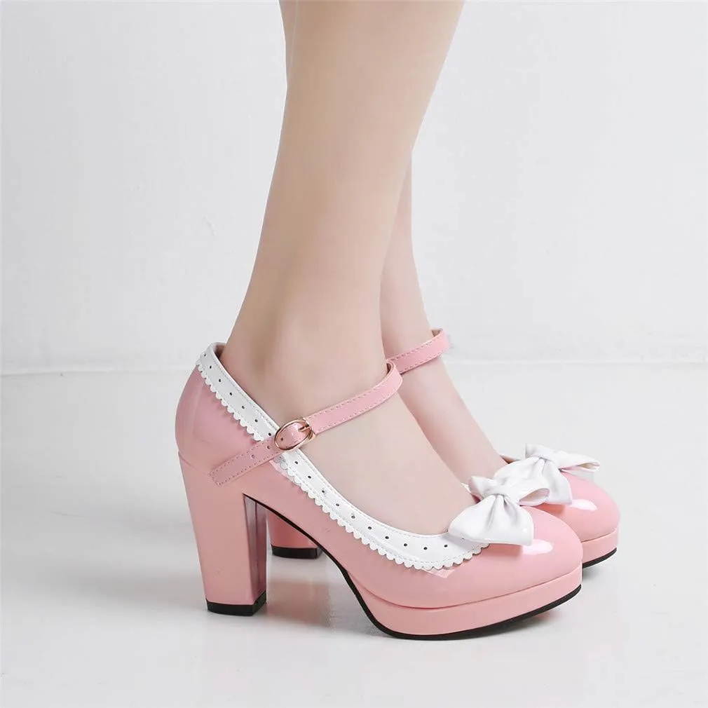 HILIB Woman's High Heel Lolita Shoes Cute Bowknot Mary Jane Shoes
