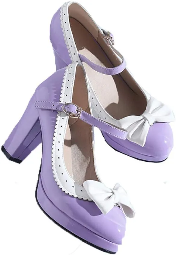 HILIB Woman's High Heel Lolita Shoes Cute Bowknot Mary Jane Shoes