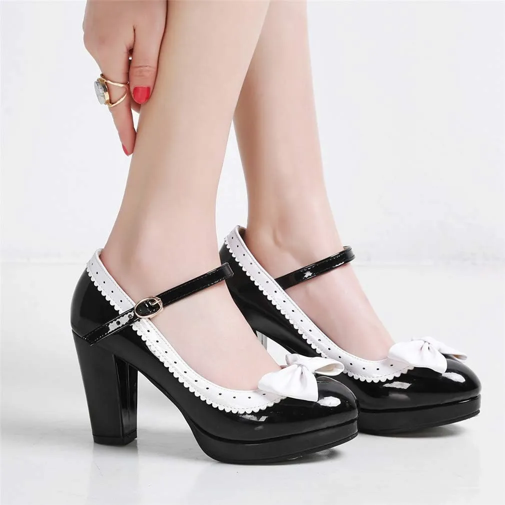 HILIB Woman's High Heel Lolita Shoes Cute Bowknot Mary Jane Shoes