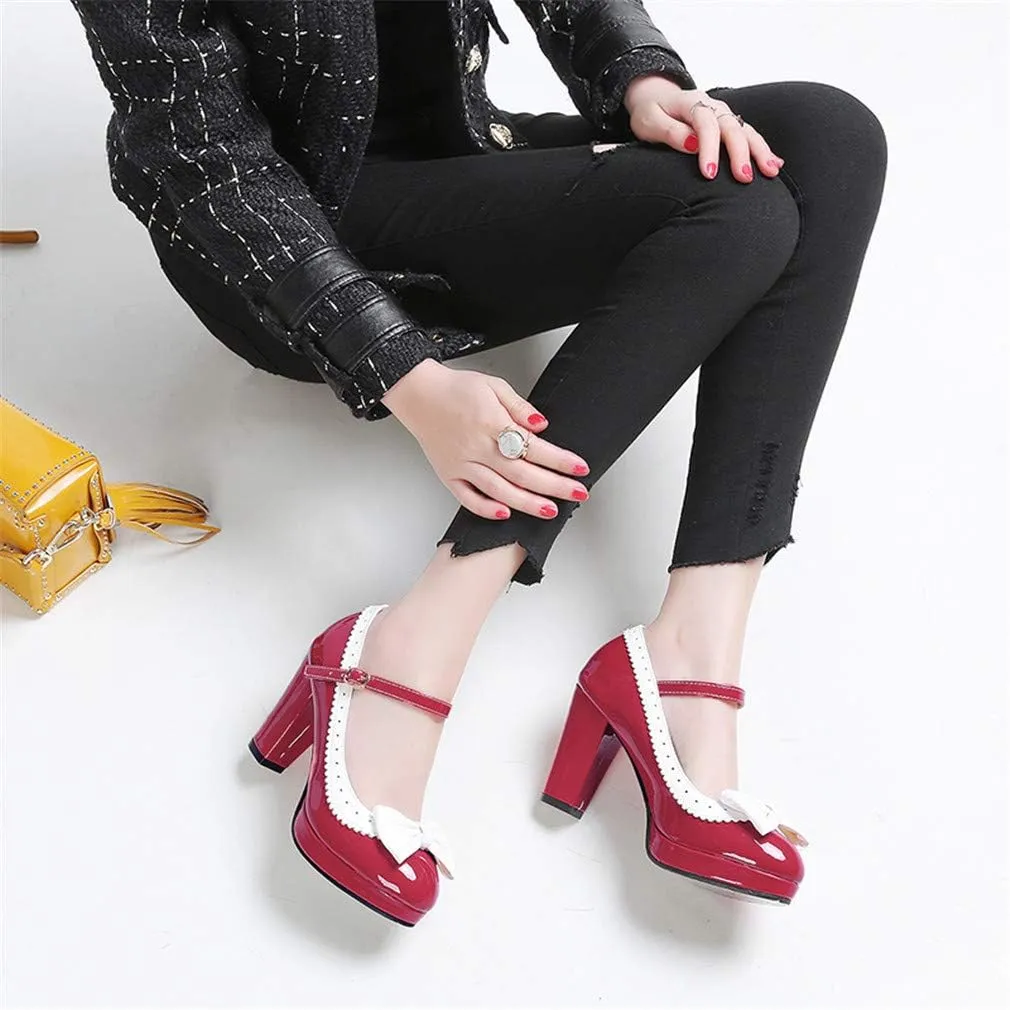 HILIB Woman's High Heel Lolita Shoes Cute Bowknot Mary Jane Shoes