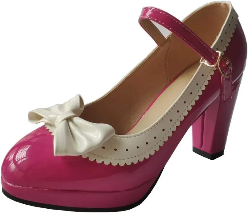 HILIB Woman's High Heel Lolita Shoes Cute Bowknot Mary Jane Shoes