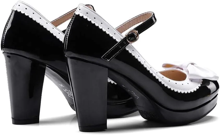 HILIB Woman's High Heel Lolita Shoes Cute Bowknot Mary Jane Shoes