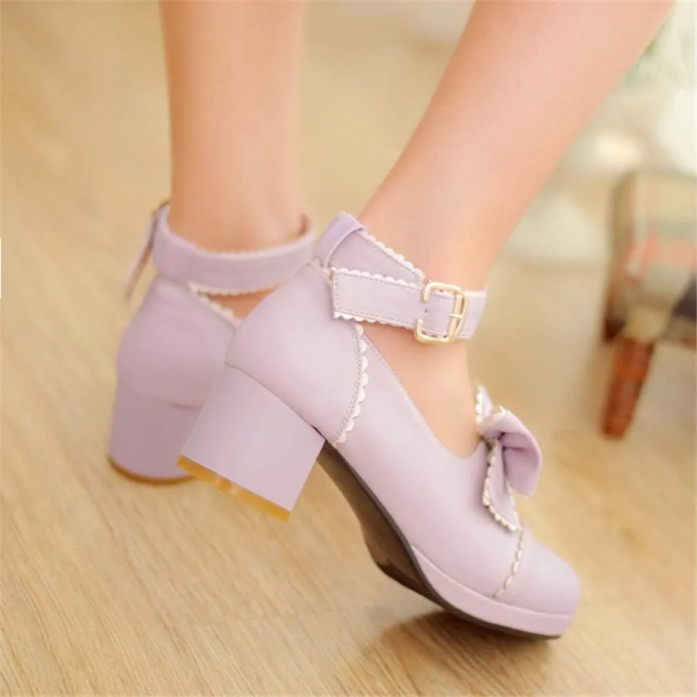 HILIB Woman's Low Heel Vintage Lolita Shoes Cute Bowknot Mary Jane Shoes