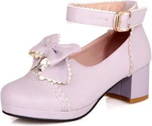 HILIB Woman's Low Heel Vintage Lolita Shoes Cute Bowknot Mary Jane Shoes