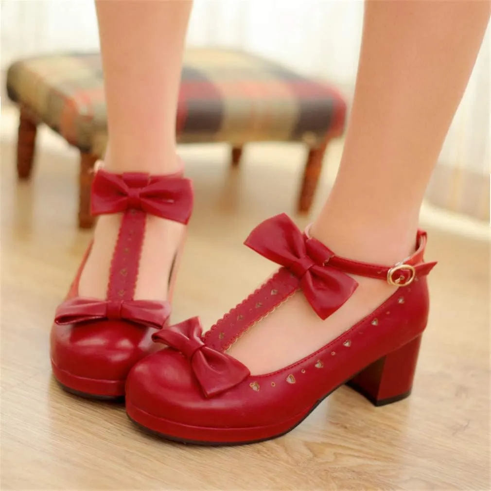 HILIB Woman's Low Heel Vintage Lolita Shoes Cute Bowknot Mary Jane Shoes