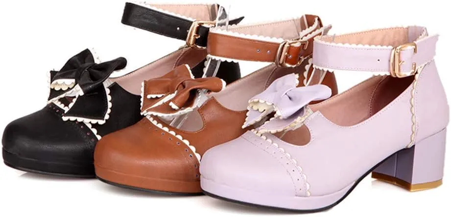 HILIB Woman's Low Heel Vintage Lolita Shoes Cute Bowknot Mary Jane Shoes