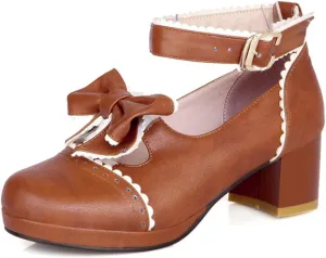 HILIB Woman's Low Heel Vintage Lolita Shoes Cute Bowknot Mary Jane Shoes