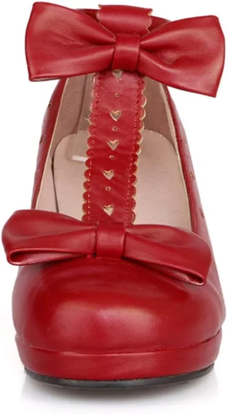 HILIB Woman's Low Heel Vintage Lolita Shoes Cute Bowknot Mary Jane Shoes