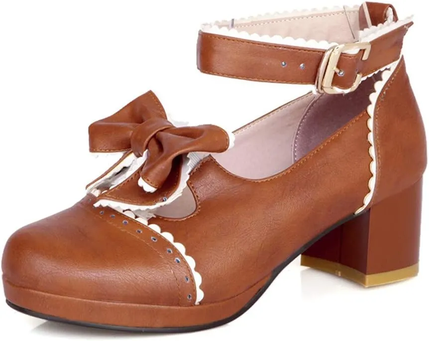 HILIB Woman's Low Heel Vintage Lolita Shoes Cute Bowknot Mary Jane Shoes