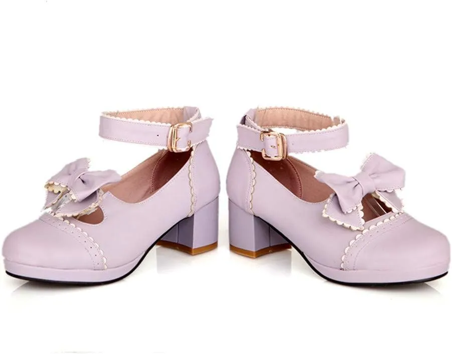 HILIB Woman's Low Heel Vintage Lolita Shoes Cute Bowknot Mary Jane Shoes