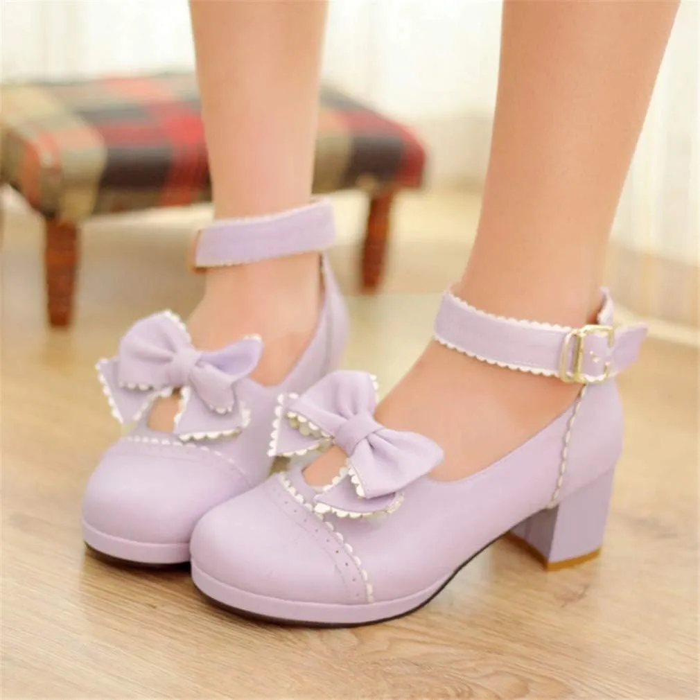 HILIB Woman's Low Heel Vintage Lolita Shoes Cute Bowknot Mary Jane Shoes