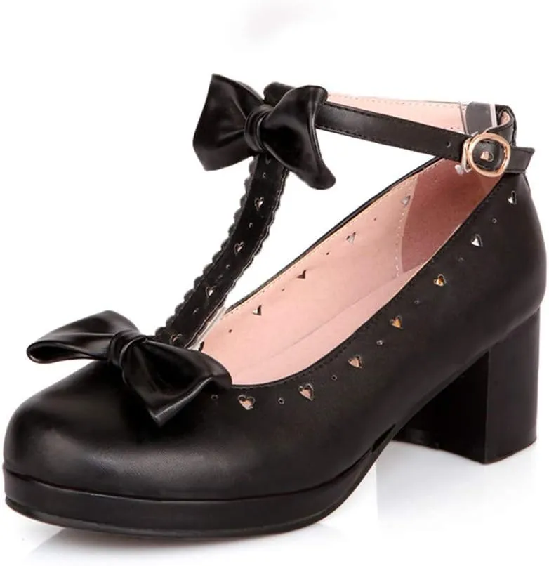 HILIB Woman's Low Heel Vintage Lolita Shoes Cute Bowknot Mary Jane Shoes