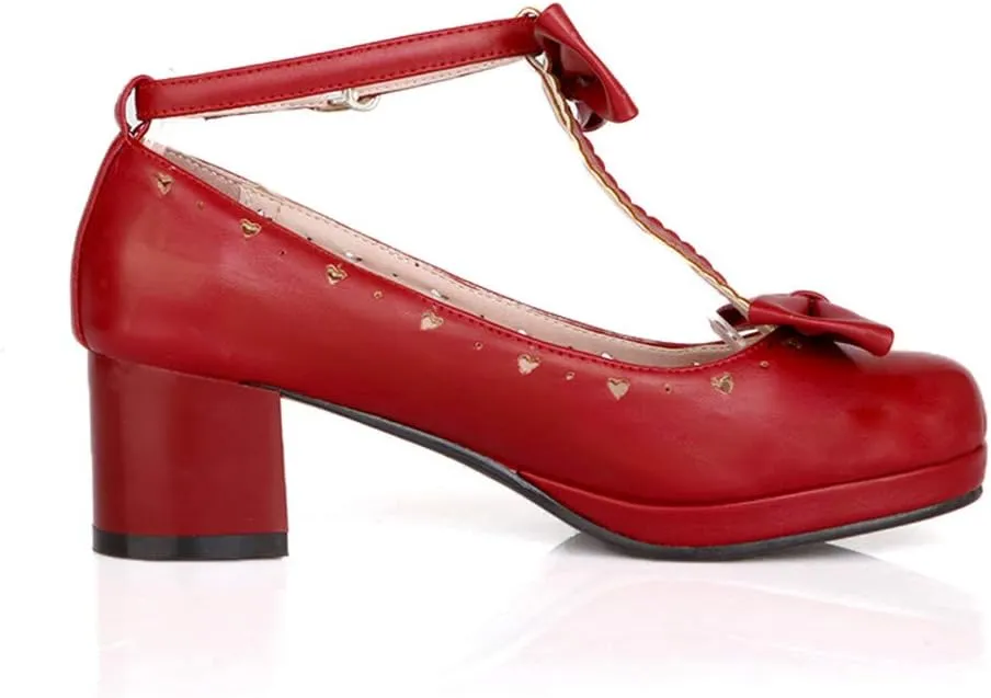 HILIB Woman's Low Heel Vintage Lolita Shoes Cute Bowknot Mary Jane Shoes