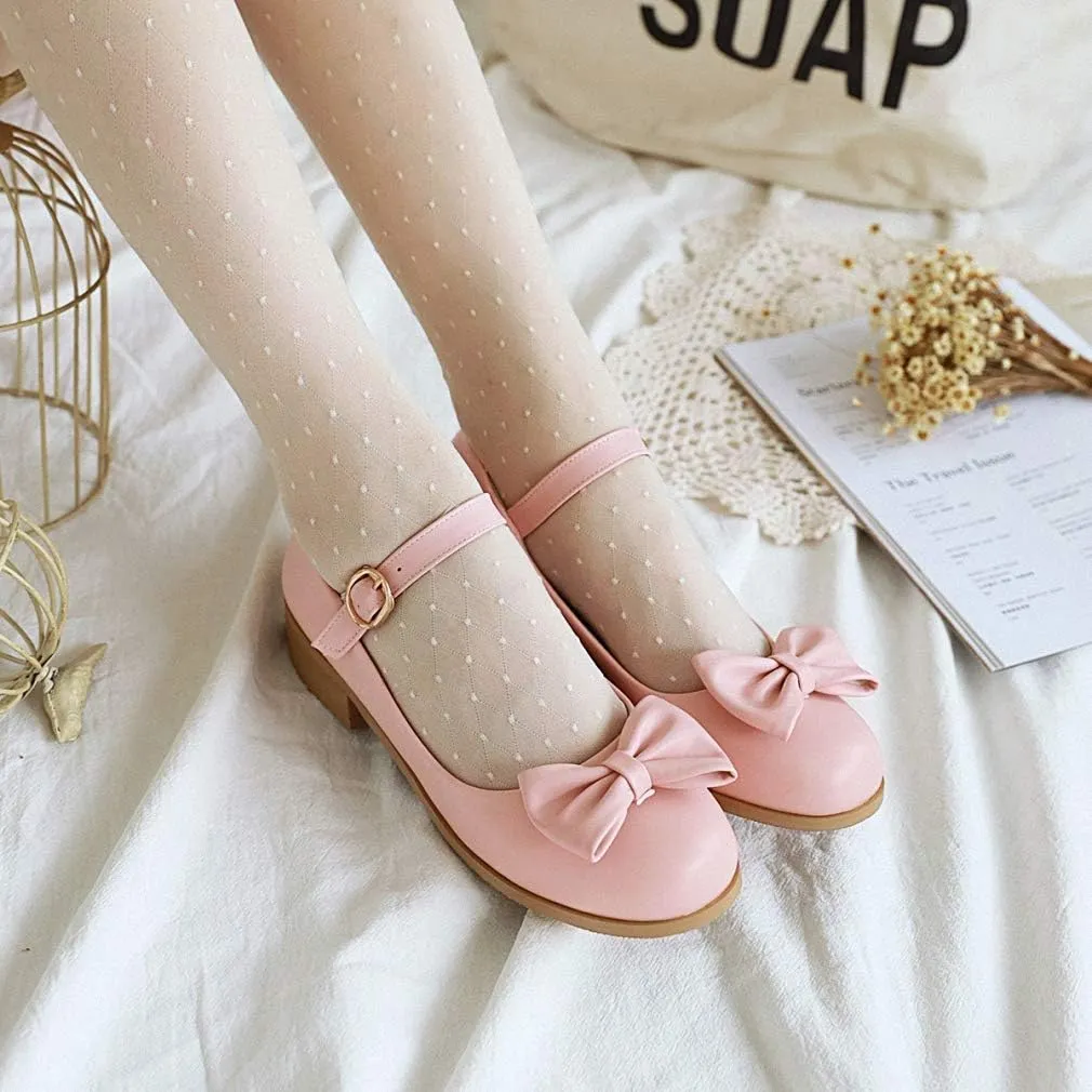 HILIB Woman's Middle Heel Vintage Lolita Shoes Cute Bowknot Mary Jane Shoes
