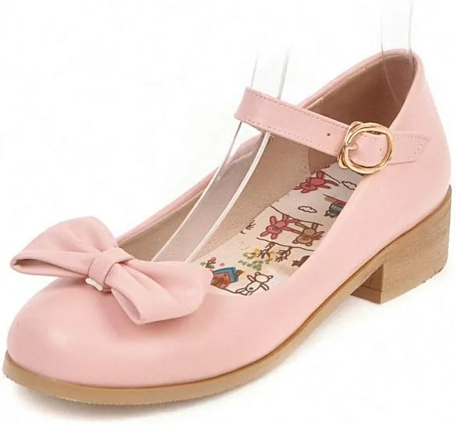 HILIB Woman's Middle Heel Vintage Lolita Shoes Cute Bowknot Mary Jane Shoes
