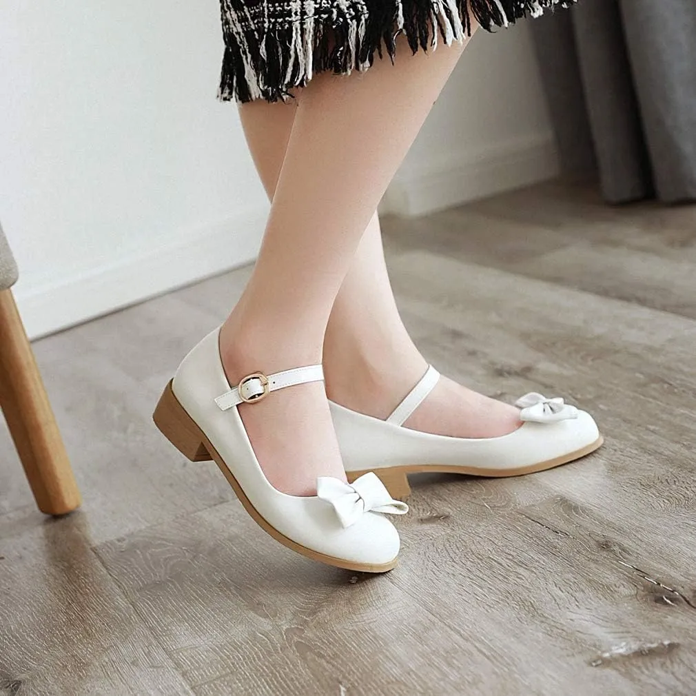 HILIB Woman's Middle Heel Vintage Lolita Shoes Cute Bowknot Mary Jane Shoes
