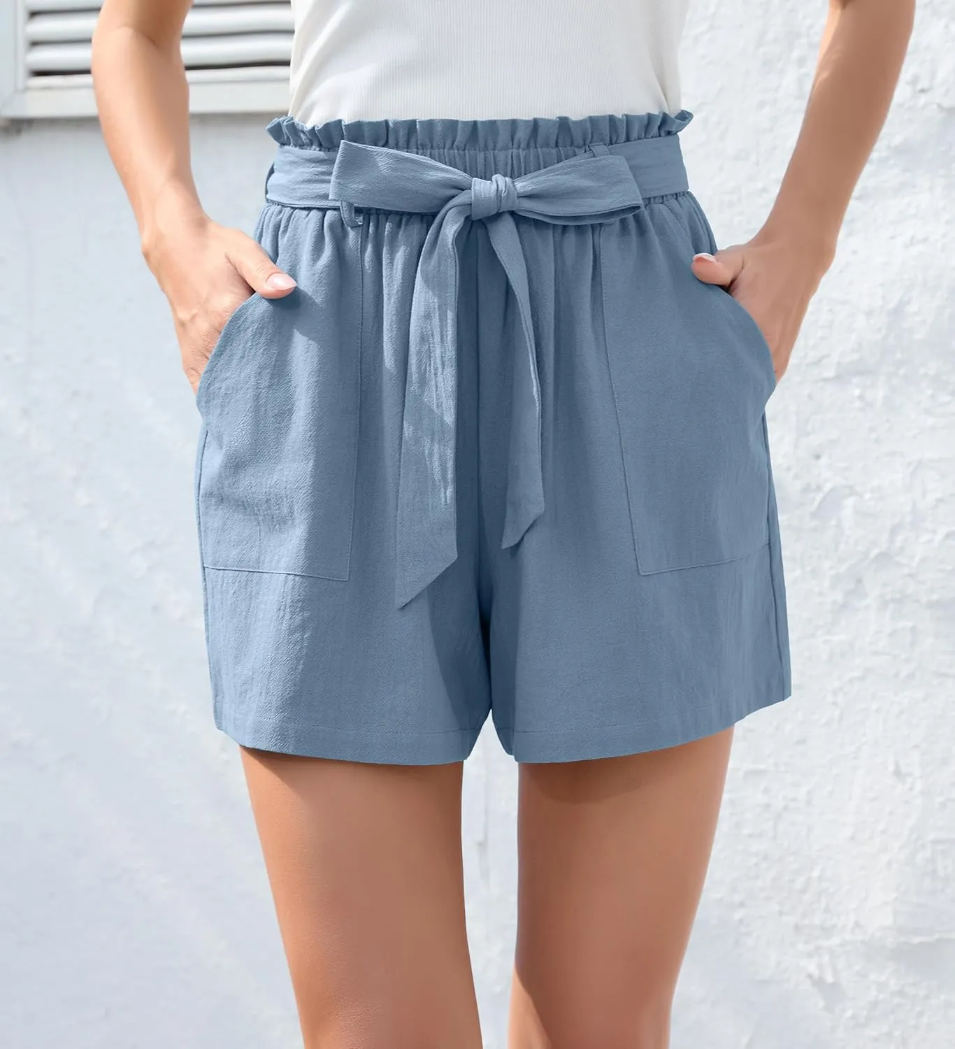 HIYIYEZI Women Casual Shorts Bowknot Tie Waist Summer Shorts with Pockets