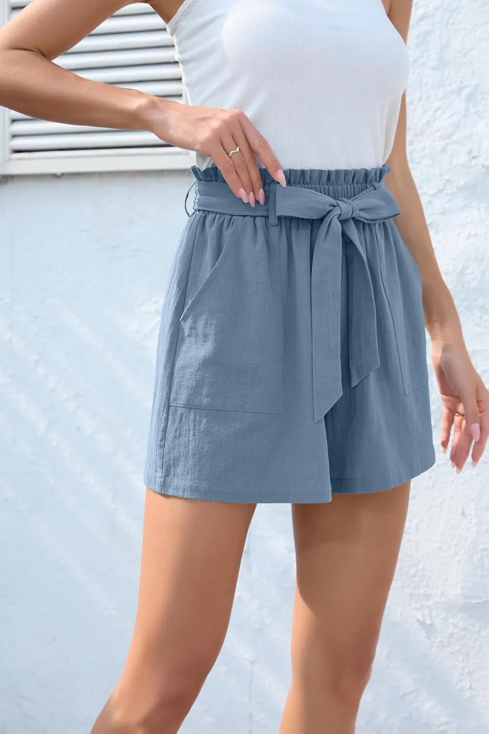 HIYIYEZI Women Casual Shorts Bowknot Tie Waist Summer Shorts with Pockets
