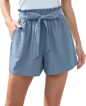 HIYIYEZI Women Casual Shorts Bowknot Tie Waist Summer Shorts with Pockets
