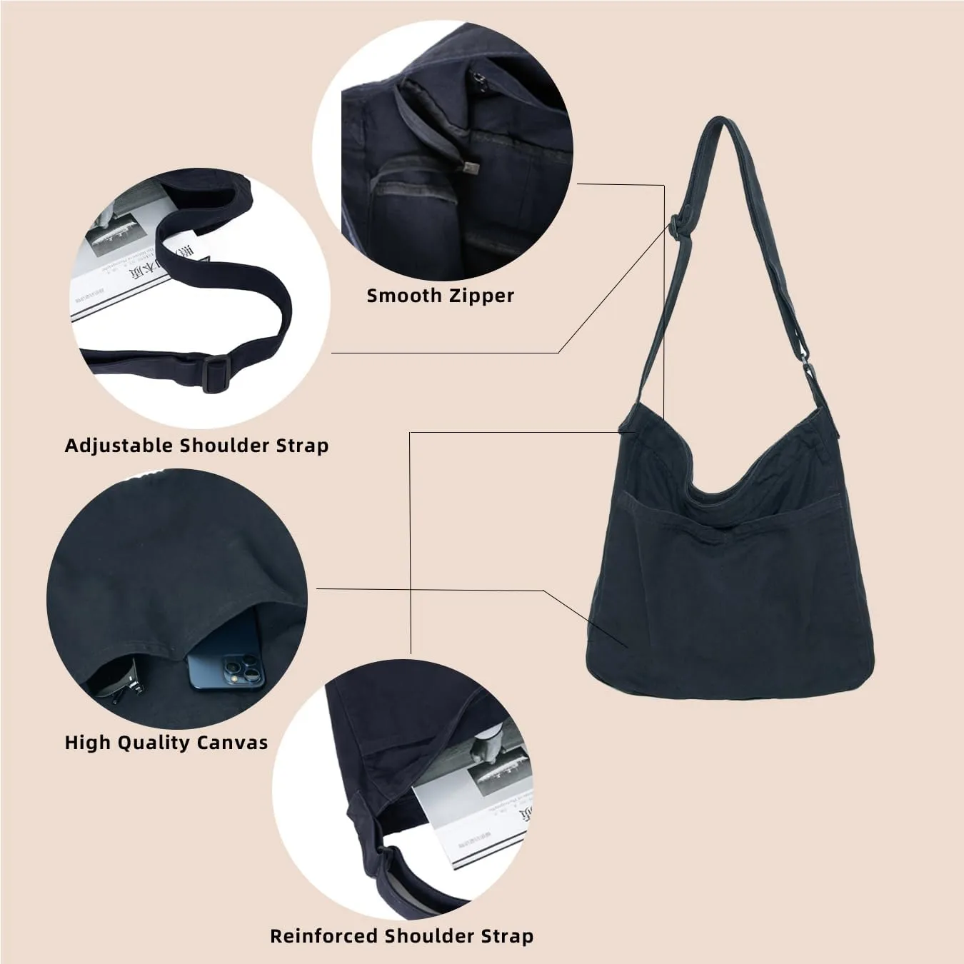 Hobo Bag Canvas Crossbody Shoulder Bag for Women and Men Large Casual Messenger Bags Canvas Tote Bag Travel Work