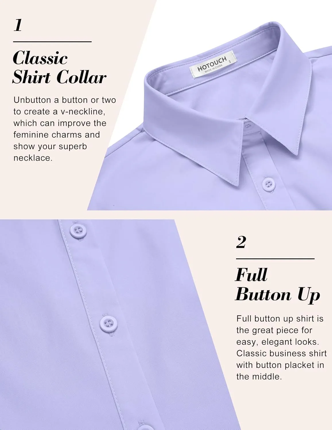 HOTOUCH Women's Basic Button Down Shirts 3/4 Sleeve Stretch Button Up Dress Shirt Slim Fit Waitress Work Shirts