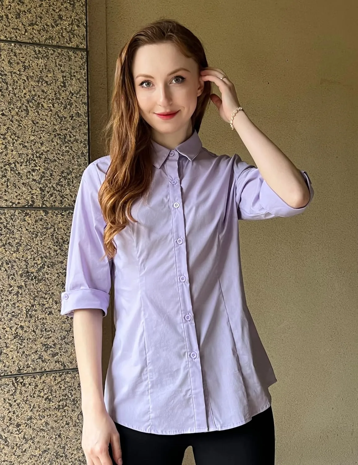 HOTOUCH Women's Basic Button Down Shirts 3/4 Sleeve Stretch Button Up Dress Shirt Slim Fit Waitress Work Shirts