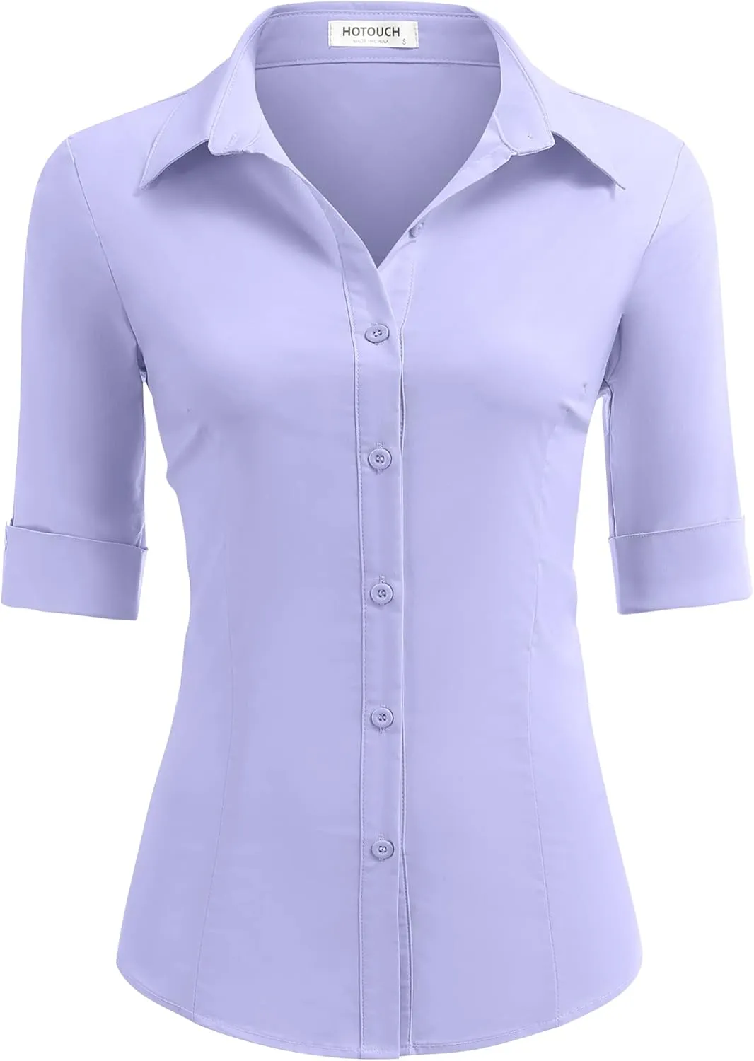 HOTOUCH Women's Basic Button Down Shirts 3/4 Sleeve Stretch Button Up Dress Shirt Slim Fit Waitress Work Shirts