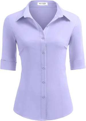 HOTOUCH Women's Basic Button Down Shirts 3/4 Sleeve Stretch Button Up Dress Shirt Slim Fit Waitress Work Shirts