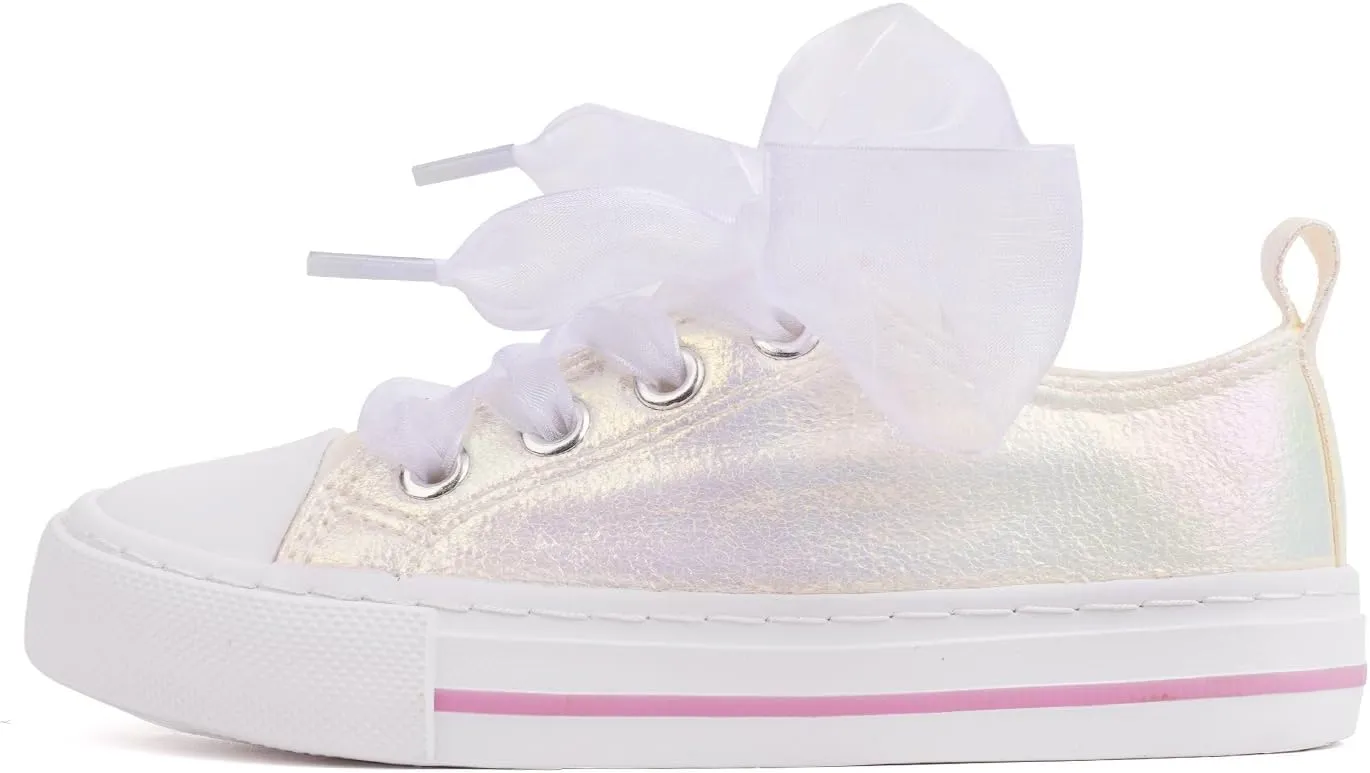 HugRain Little Girls Kids Classic Sparkle Low Top Lace Up Sneakers Walking Shoes