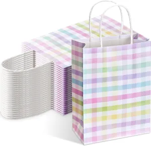 Humyoun 24 Pcs Spring Easter Checkered Gift Bags Easter Goodies Bags Spring Paper Gift Bags with Handles Easter Egg Hunt Party Treat Bag for Spring Easter Party Supplies