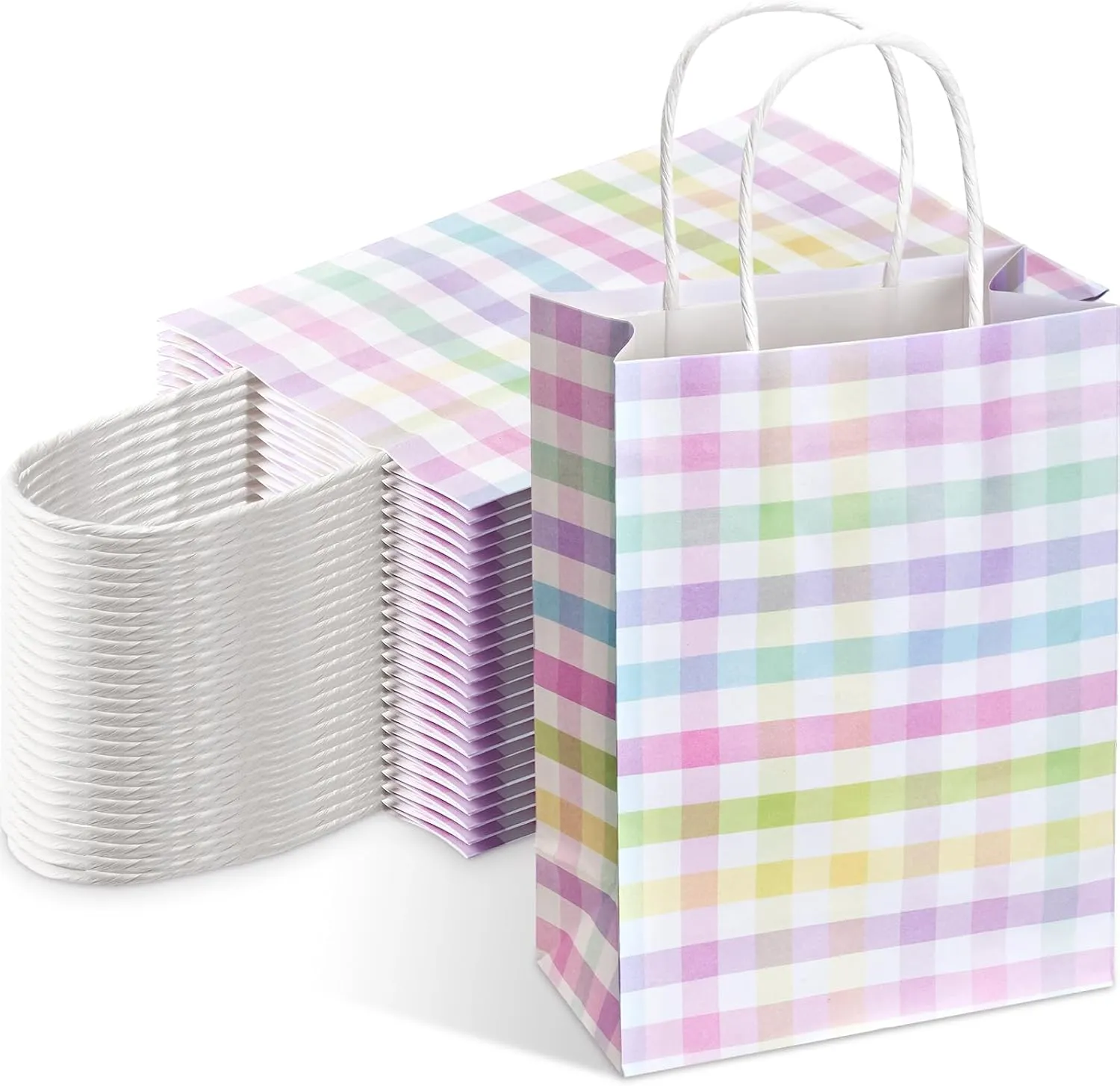 Humyoun 24 Pcs Spring Easter Checkered Gift Bags Easter Goodies Bags Spring Paper Gift Bags with Handles Easter Egg Hunt Party Treat Bag for Spring Easter Party Supplies