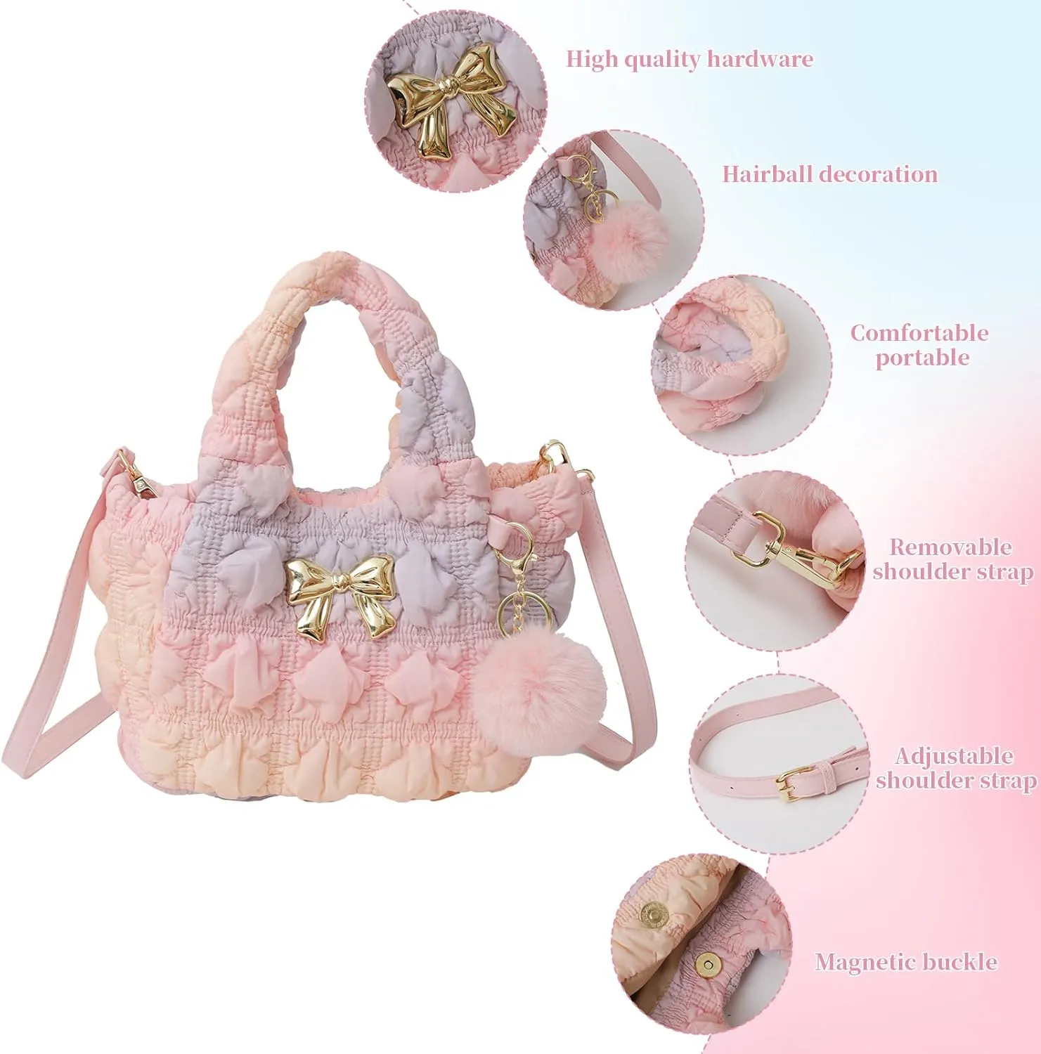 I IHAYNER Quilted Small Top Handle Puffer Bag Crossbody Shoulder Bag with Zipper Bubble Hobo Handbag Carryall Bag for Women