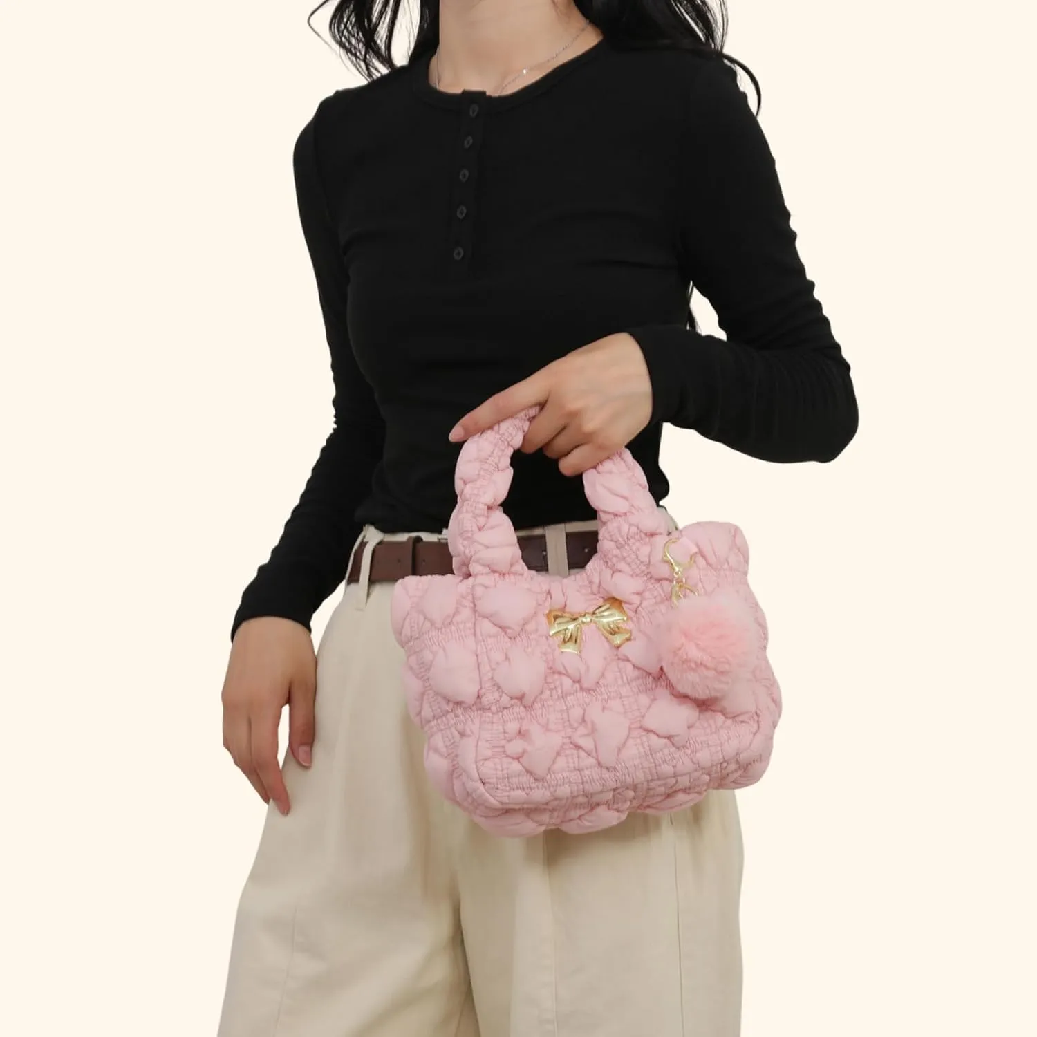 I IHAYNER Quilted Small Top Handle Puffer Bag Crossbody Shoulder Bag with Zipper Bubble Hobo Handbag Carryall Bag for Women