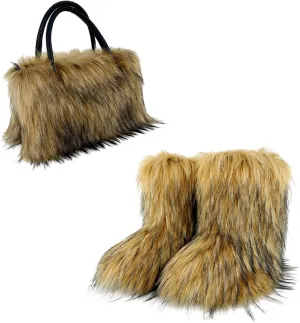 ikasus Faux Fur Tote Bag Women's Shoulder Handbags Fluffy Handbags Winter Handbag Boots Set Plush Tote Bag Mid Calf Boots, Brown 38