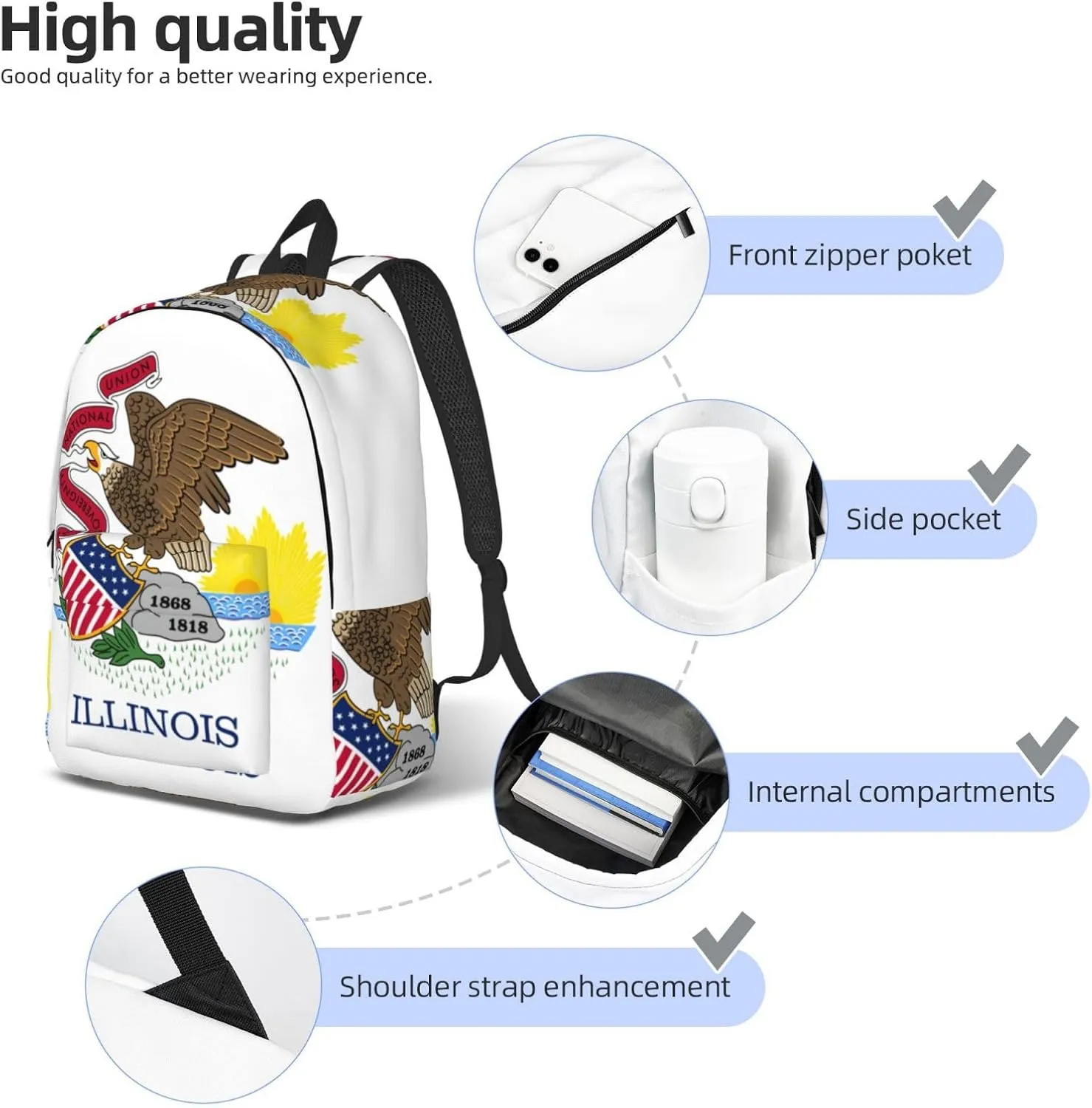 Illinois State Flag Print Laptop Backpack For Women Travel Canvas Bookbag For Men Outdoor Fashion Casual Daypack