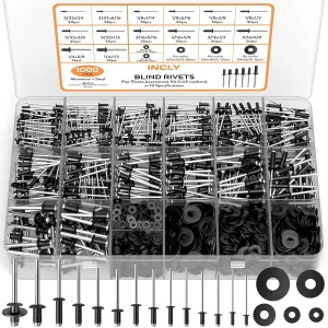 INCLY 1000PCS Black Aluminum Pop Rivets Set, 14 Sizes (3/32" 1/8" 5/32" 3/16" 1/4")   5 - Size 304 Stainless Steel Washers, with Case