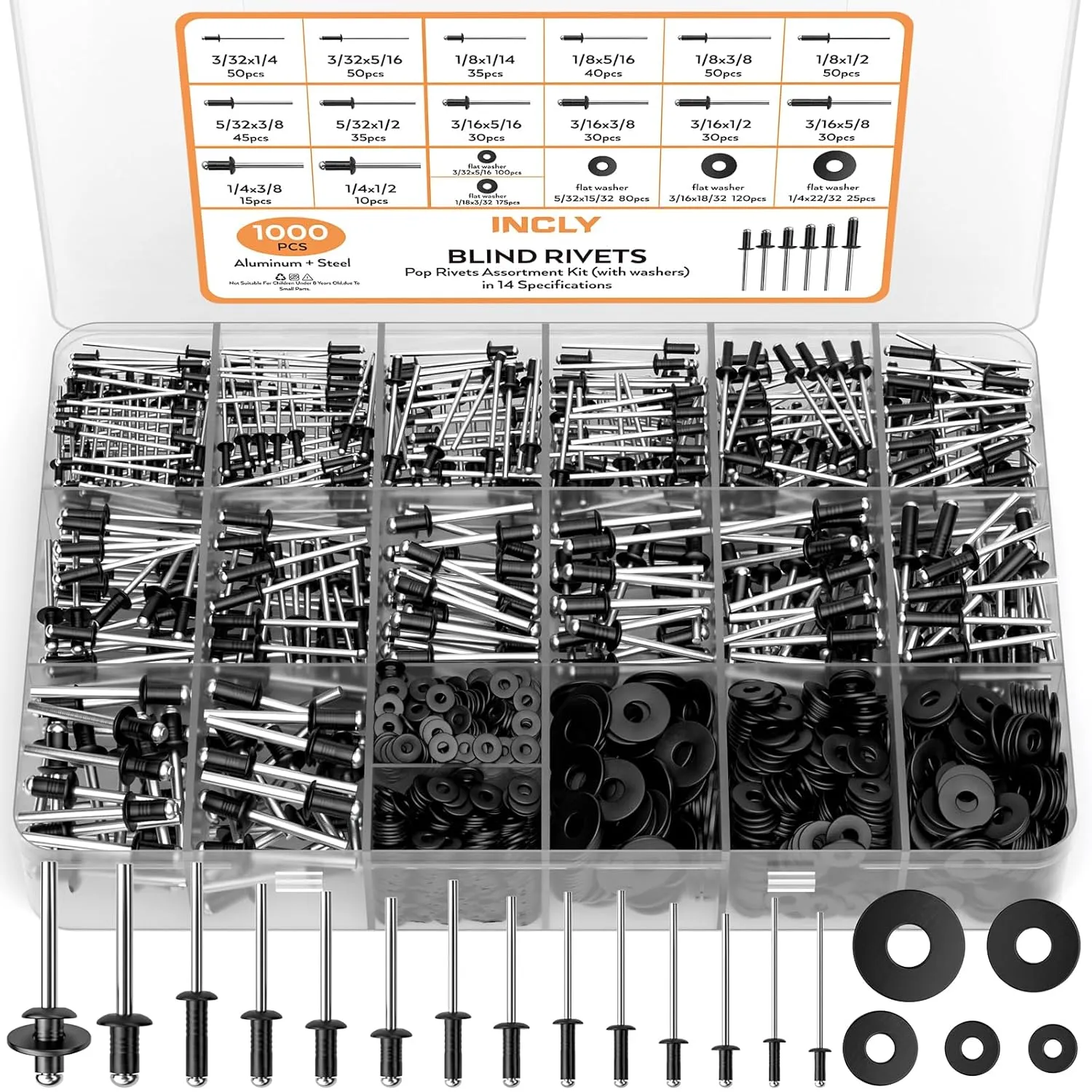 INCLY 1000PCS Black Aluminum Pop Rivets Set, 14 Sizes (3/32" 1/8" 5/32" 3/16" 1/4")   5 - Size 304 Stainless Steel Washers, with Case