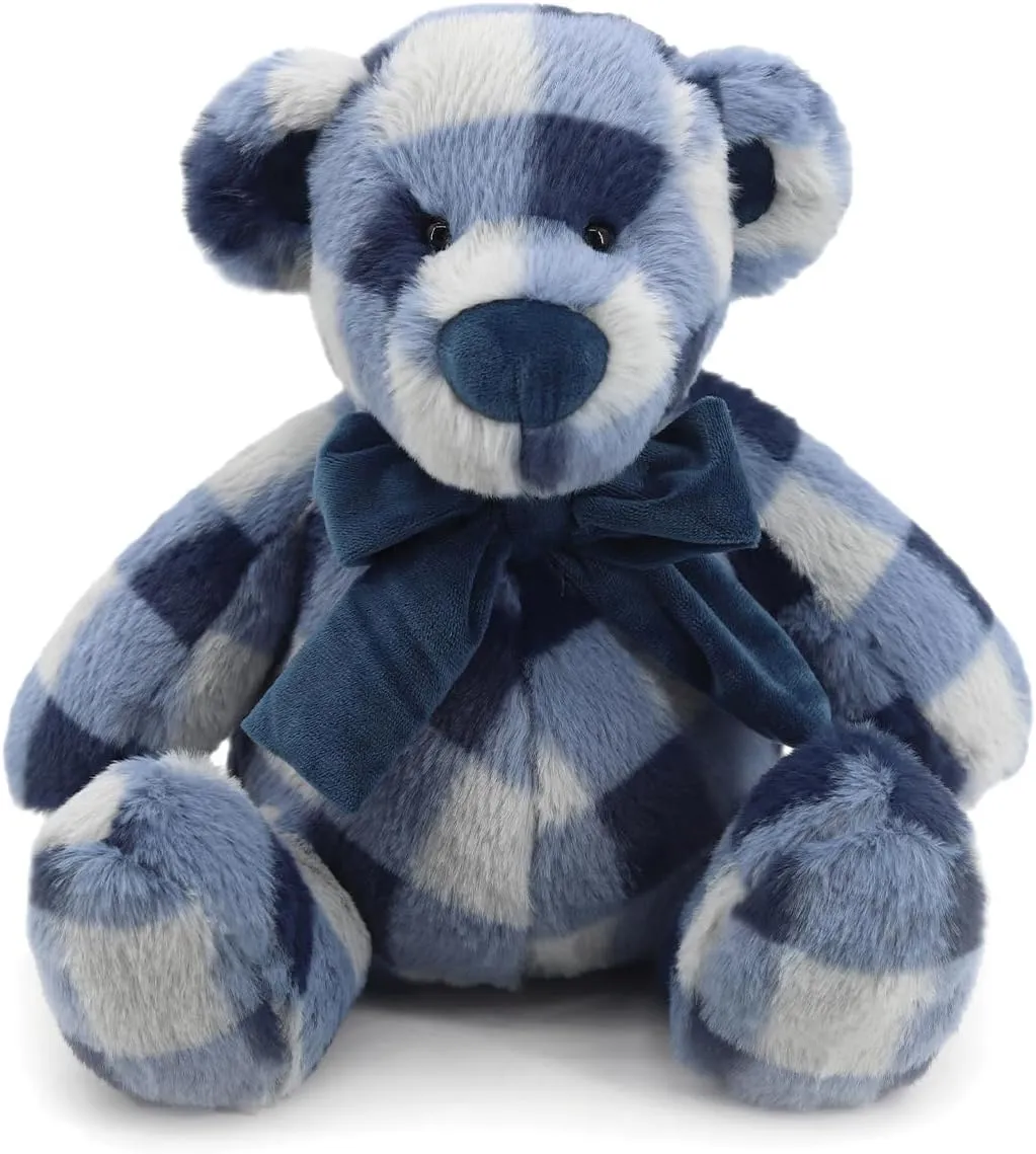 INJOY Adorable Blue and Gary Plaid Teddy Bear with Velvet Bow,Perfect Decor and Cuddly Companion