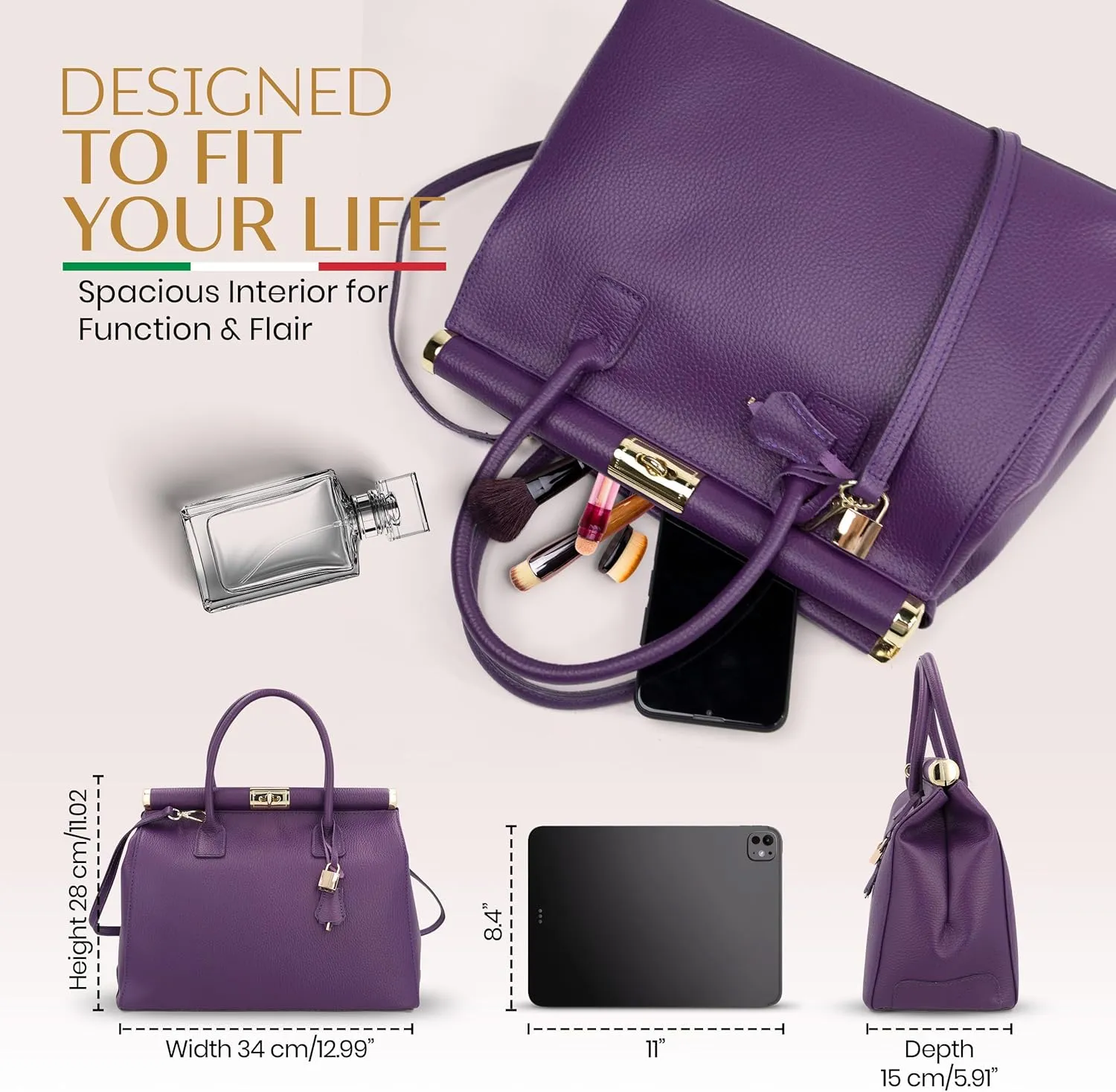 Italian Leather Handbags for Women - Spacious Interior, Durable Hardware, Crossbody Strap, Handmade