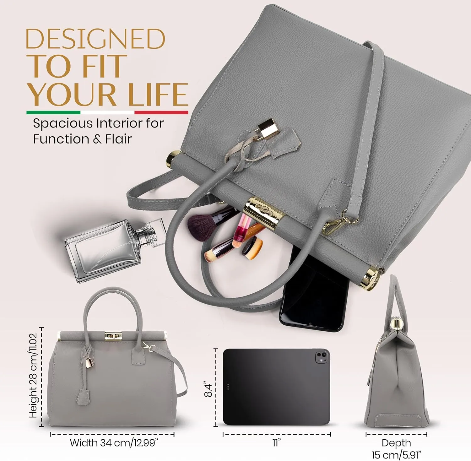 Italian Leather Handbags for Women - Spacious Interior, Durable Hardware, Crossbody Strap, Handmade