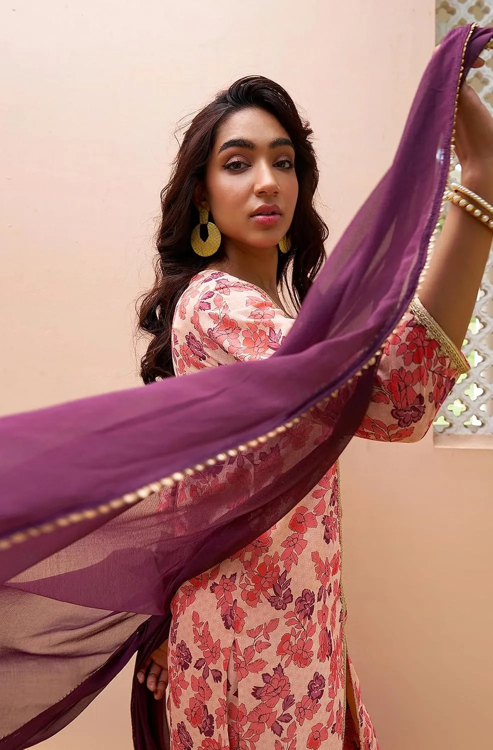 Janasya Indian Women's Flowy Floral Printed Kurta Kurti Top Tunic Festive Wedding Party wear Kurta with Pant and Dupatta