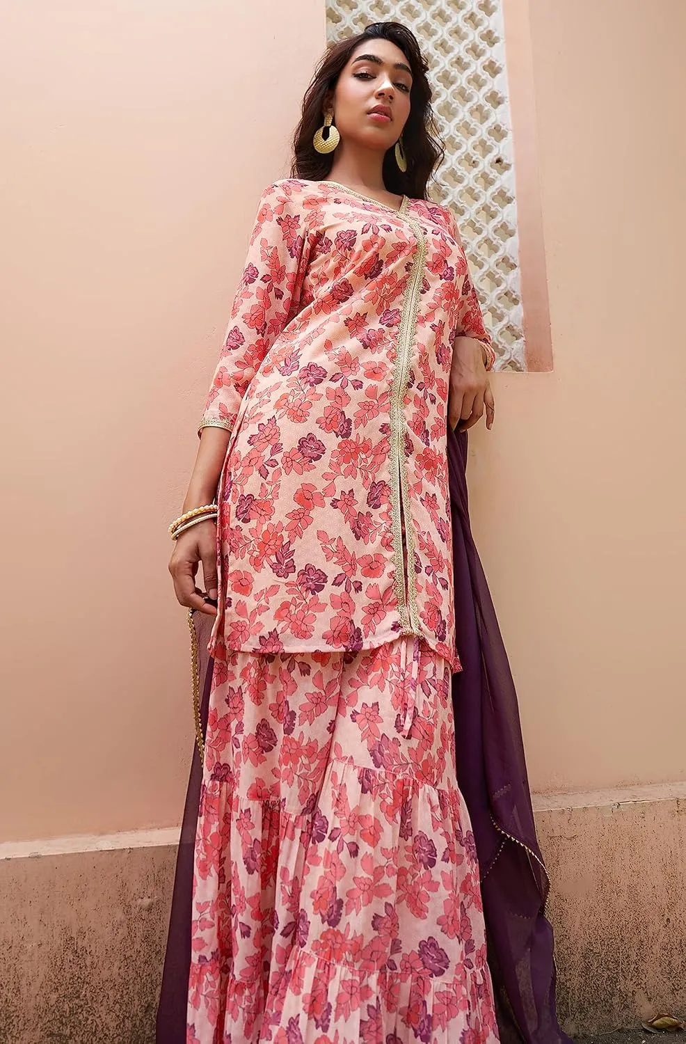 Janasya Indian Women's Flowy Floral Printed Kurta Kurti Top Tunic Festive Wedding Party wear Kurta with Pant and Dupatta