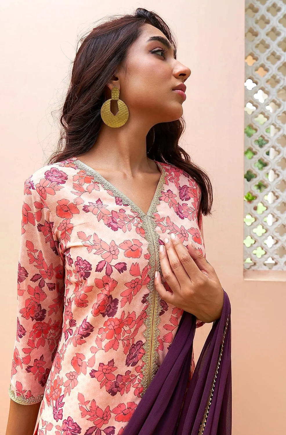 Janasya Indian Women's Flowy Floral Printed Kurta Kurti Top Tunic Festive Wedding Party wear Kurta with Pant and Dupatta
