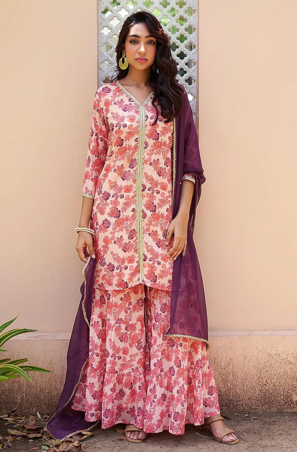 Janasya Indian Women's Flowy Floral Printed Kurta Kurti Top Tunic Festive Wedding Party wear Kurta with Pant and Dupatta