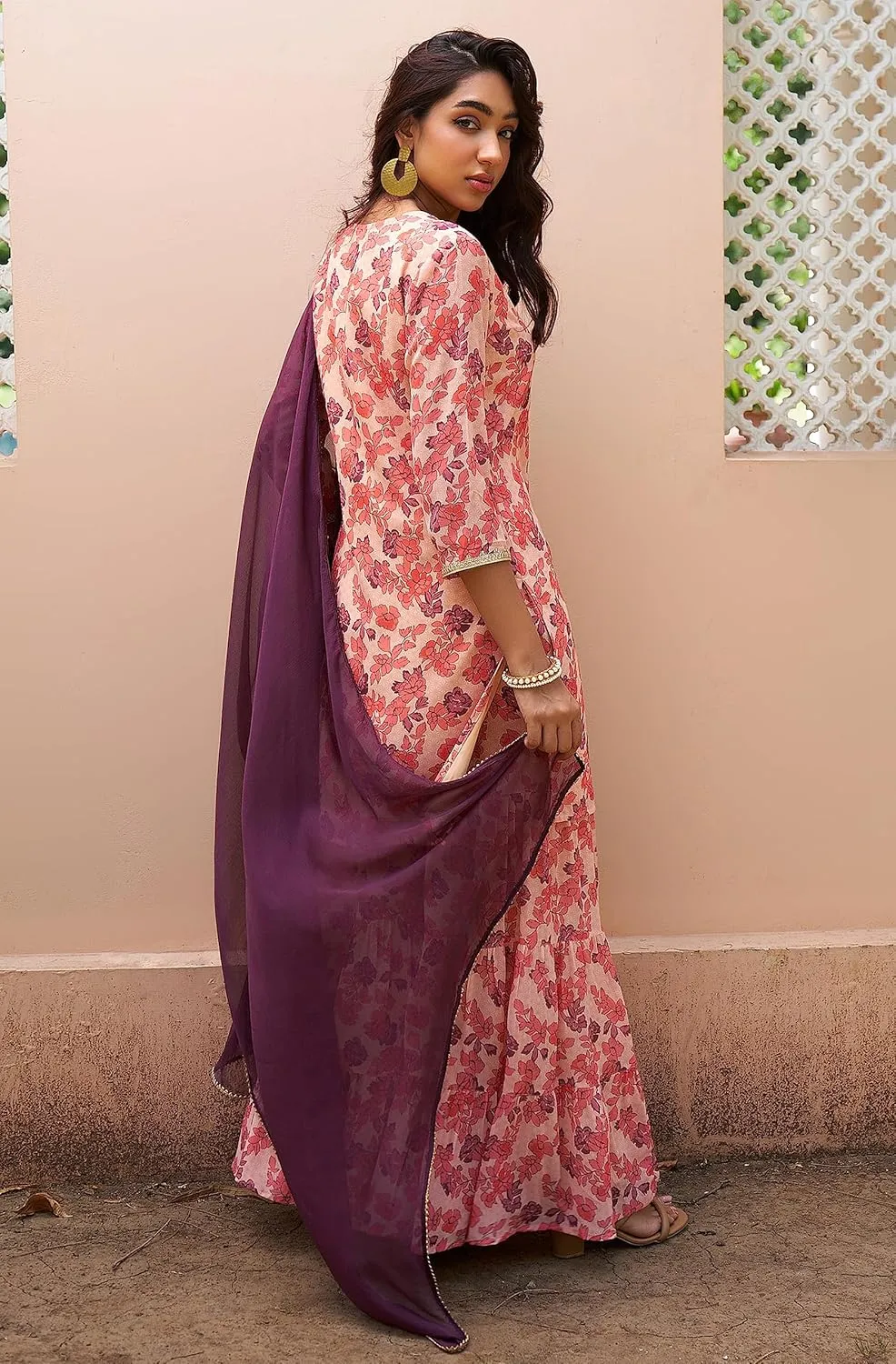Janasya Indian Women's Flowy Floral Printed Kurta Kurti Top Tunic Festive Wedding Party wear Kurta with Pant and Dupatta